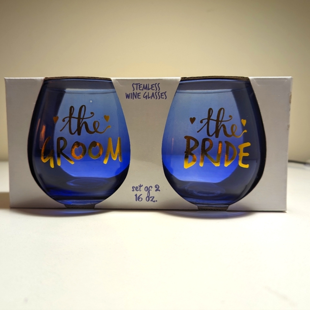 Bride/Groom Stemless Wine Glasses 2 - 16oz